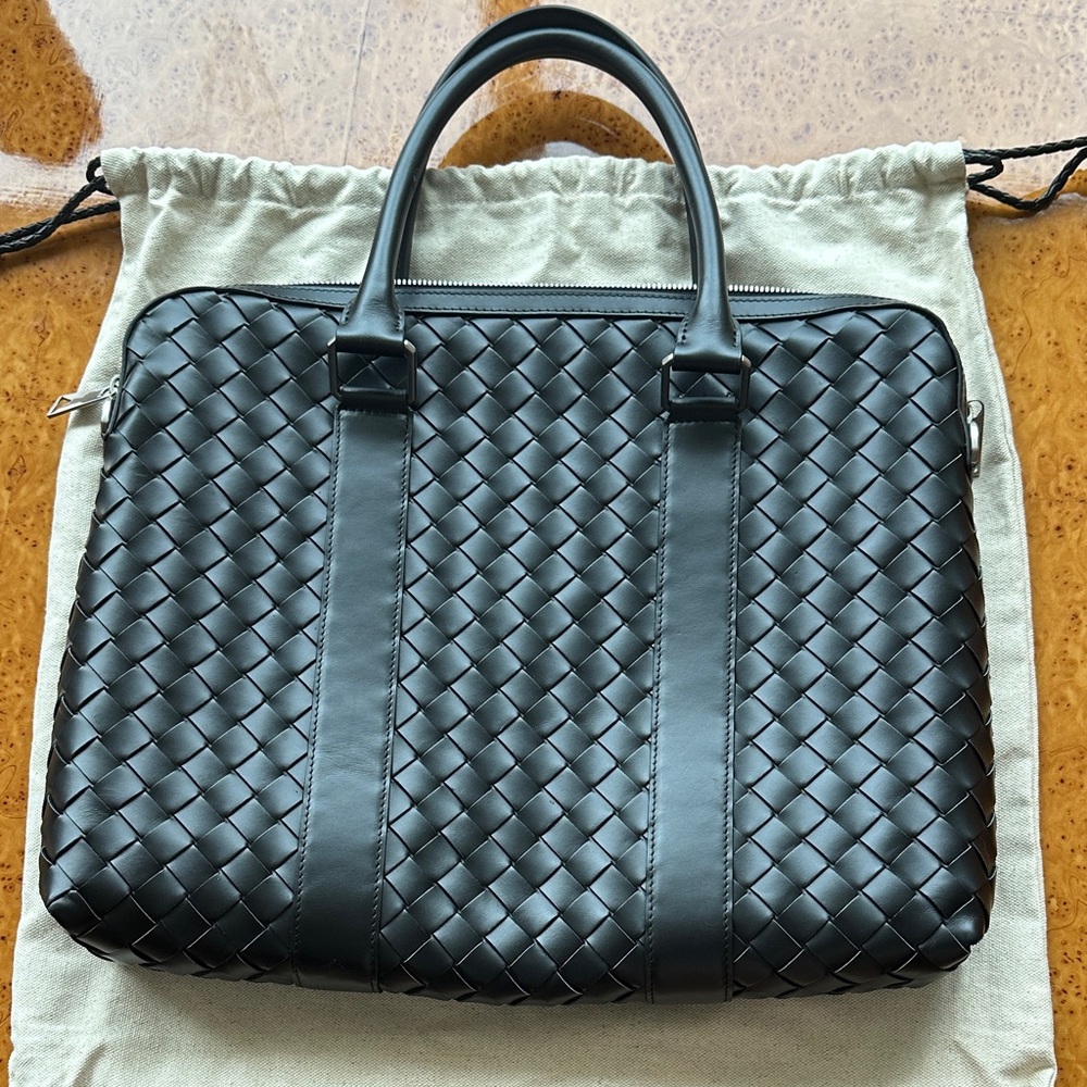 Bottega Veneta Black Woven Leather Laptop Bag